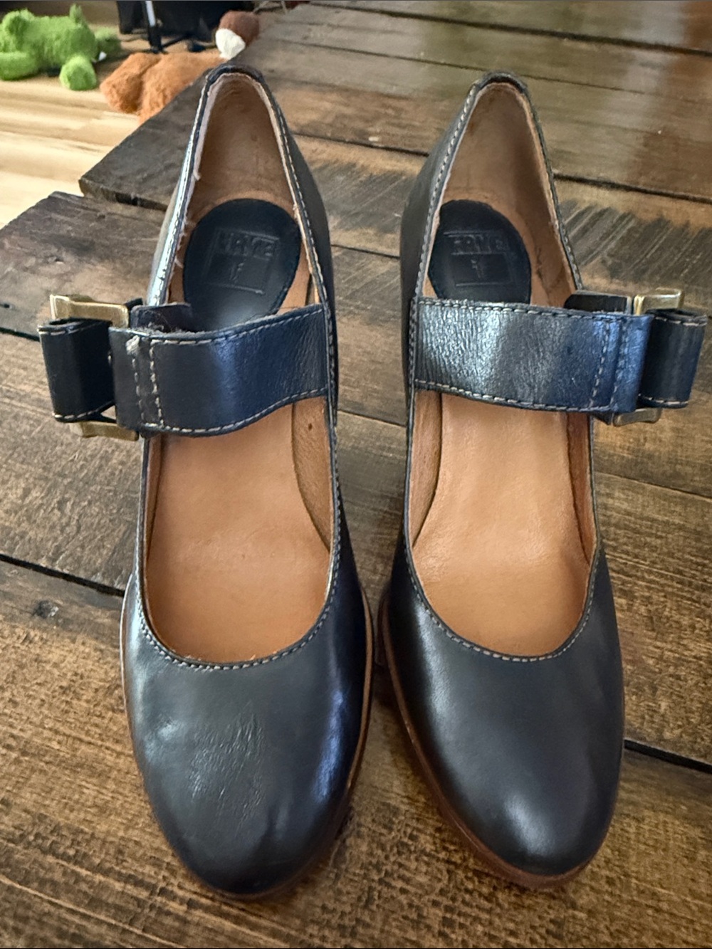Frye Navy Leather Mary Jane Heels with Bow Strap